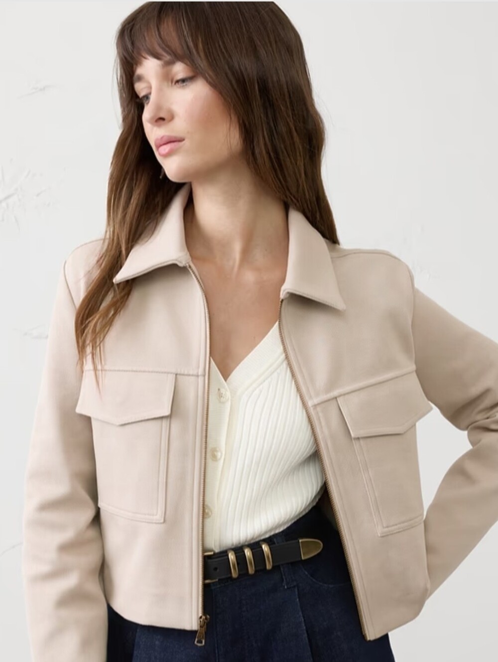 NWT Magaschoni Light Cream Zip-Up Super-Soft Faux Suede Leather Jacket Womens L - Picture 1 of 13